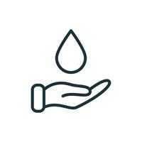 Hand halten Wassertropfen lineares Symbol. Wasser sparen, um das Symbol für die Weltlinie zu helfen. Pflege, sparen, Wohltätigkeit, Freiwilligenarbeit und Spendenkonzept. Zeichen für Ökologie. Vektor-Illustration. vektor