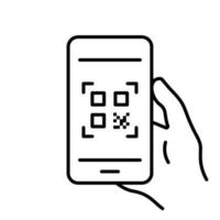 mobiltelefon med qr-kodlinjeikon. smartphone i hand skanning streckkod linjär piktogram. onlinebetalning med qrcode på smarttelefonens konturikon. isolerade vektor illustration.