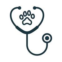 stetoskop med paw print linje ikon. veterinär koncept. hund, katt hälso-och sjukvård ikon. veterinärmedicinsk utrustning kontur piktogram. isolerade vektor illustration.