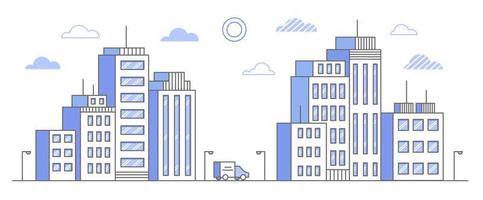 förorts stadslandskap. skyskrapa hus på skyline. bostäder nära vägen. kontur vektor illustration.