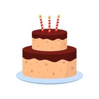 läcker tårta med ljus för födelsedagsfest. färgglada söta välsmakande bageri. söt tårta med glasyr choklad grädde på tallrik för födelsedag, årsdag, bröllop. isolerade vektor illustration.
