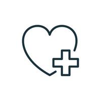 Herz mit Plus-Liniensymbol. Spendenkonzept. Lineares Piktogramm für Wohltätigkeit und humanitäre Hilfe. Symbol für die Umrisse der Gesundheitshilfe. isolierte Vektorillustration vektor