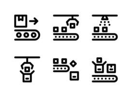 einfacher Satz von werksbezogenen Vektorliniensymbolen. enthält Symbole wie Förderband, automatische Maschine, Verpackung und mehr. vektor