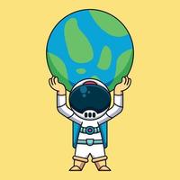 astronaut, der planet erde, niedliche karikaturikonenillustration anhebt vektor