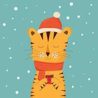 das Symbol des neuen Jahres 2022 ist der Tiger. weihnachtstiger mit einem neujahrshut. niedliche cartoon style.holiday karte für ihr design vektor