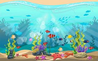 skönheten i undervattenslivet med olika djur och livsmiljöer. Det marina livet är lysande och färgglatt med alger, koraller och korallrev vektor