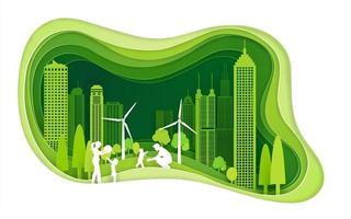 grön stad med byggnad och miljövänlig. papper konst koncept vektor