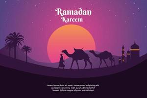 Illustration eines Mannes, der mit einem Kamel in einer Wüste und einem Sonnenuntergang spazieren geht. hintergrund und banner ramadan der heilige monat. vektor