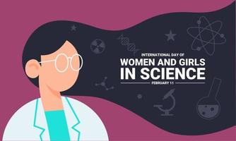 Internationaler Tag der Frauen und Mädchen in der Wissenschaft. Wissenschafts-Icon-Set. Illustration der jungen Wissenschaftlerin. Vektor-Illustration. vektor