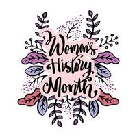 kvinnor historia månad hand bokstäver med blommig ram. affisch koncept. vektor