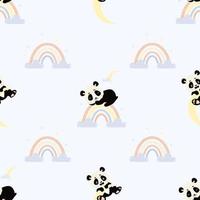 seamless mönster. söt sovande panda på regnbågen och lekfull björnunge på månen på blå bakgrund med moln. vektor illustration. skandinavisk barnkollektion för design, inredning, förpackning, tapeter