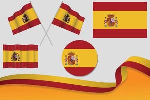 satz von spanien-flaggen in verschiedenen designs, symbol, häutende flaggen mit band mit hintergrund. kostenloser Vektor