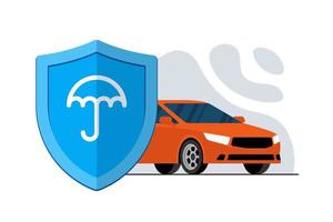 bilförsäkring eller säkerhet banner koncept. paraply på blå sköld skylt med bil. transportskydd och säkerhetsreklamdesign. auto fordon vakt tjänst vektor eps illustration