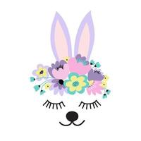 das Gesicht eines süßen Kaninchens, ein Blumenkranz auf dem Kopf. Augen geschlossen und lächelnd. Vektor-Illustration auf weißem Hintergrund vektor