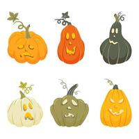 halloween skrämmande färgglada pumpor med leende, glada ansikten samling. squash jack-o'-lantern snidade pumpa isolerad på vit bakgrund. tecknad vektorillustration vektor