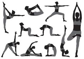 uppsättning vektor silhuetter av kvinnor som gör yogaövningar. monokroma ikoner för olika yogaställningar.