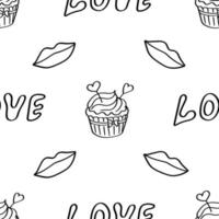 valentinstag gekritzel nahtloses muster. romantischer handgezeichneter hintergrund mit liebesbeschriftung, cupcakes und lippen. schwarzer Umriss. Ideal für Geschenkpapier, Textilien, Tapeten, Hochzeitsdesign. Vektor. vektor