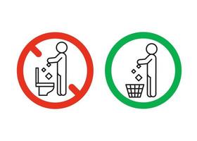 Regel Müll im Korb, aber nicht in der Toilettenschüssel, Verbotswarnschild. Werfen Sie keinen Müll in die Toilette. kann Müll in den Mülleimer werfen. Problem der Verschmutzung des Planeten, sauber. Vektor-Illustration vektor