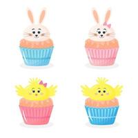 uppsättning av söt påsk cupcake dekorerad med kanin och kyckling. baby pojke och baby flicka, baby kön avslöjar. vektor