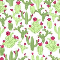 Vektor nahtlose Kaktusmuster auf weißem Hintergrund. niedliche kindliche illustration im flachen karikaturstil mit bunten kakteen und blumen