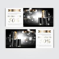 Geschenkgutschein für einen feuchtigkeitsspendenden Gesichtslippenstift für den Jahresverkauf oder den Festivalverkauf. silberne und goldene lippenstiftmaskenflasche isoliert auf glitzerpartikelhintergrund. banner anmutige kosmetikanzeigen, illustration. vektor