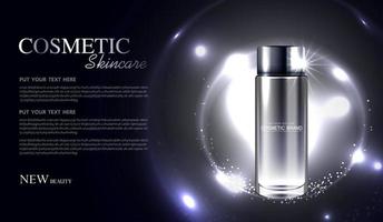 kosmetik- oder hautpflegeproduktanzeigen mit flasche, bannerwerbung für schönheitsprodukte, glitzernder lichteffekthintergrund. Vektordesign vektor