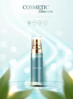 kosmetiska essens eller hudvårdsprodukter annonser med flaska, bannerannons för skönhetsprodukter med mjuk grön chiffong och blad på bakgrunden glittrande ljuseffekt. vektor design