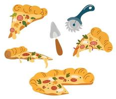 Pizza-Set. Pizzastücke mit Käsewurstpaprika und Champignons. Pizzamesser und Pfannenwender. leckeres Fastfood. vektorkarikaturhand zeichnen illustration vektor