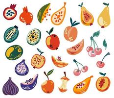 fruktset. tropiska frukter, granatäpple, körsbär, päron, äpple, kiwi, persika, mango, fikon, papaya. söt hälsosam mat. vektor tecknad hand rita illustration