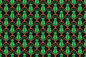 grüne orangefarbene Blume auf Schwarz. geometrisches ethnisches orientalisches Muster traditionelles Design für Hintergrund, Teppich, Tapete, Kleidung, Verpackung, Batik, Stoff, Vektorillustrationsstickereiart vektor