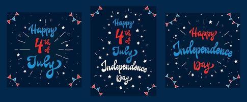 uppsättning gratulationskort, affischer för den 4 juli, självständighetsdagen. hand bokstäver citat dekorerad med stjärnor och flaggor på blå bakgrund. eps 10 vektor