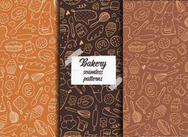 uppsättning bageri sömlösa mönster med handritade doodles på brun bakgrund. omslagspapper, förpackningar, textil och tygtrycksdesign. eps 10 vektor