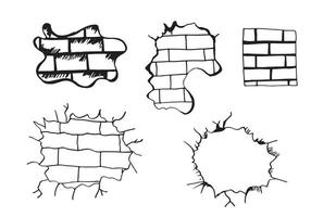 handritad uppsättning spruckna tegelväggar. vektor illustration.