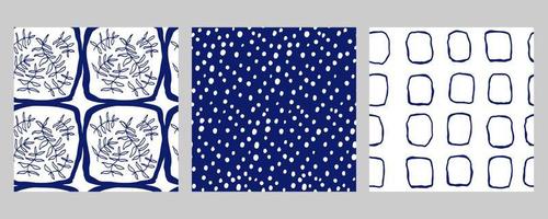 hand gezeichneter geometrischer nahtloser moderner abstrakter blauer mustersatz. niedliche vektorsammlung für papier, stoff, buch, küche, fliesen. vektor
