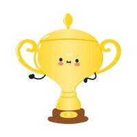 niedlicher lustiger goldener trophäenbecher winkender handcharakter. vektor hand gezeichnete karikatur kawaii charakter illustration symbol. isoliert auf weißem Hintergrund. Olivencharakter-Konzept