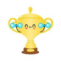 süßer lustiger goldener trophäenpokalcharakter mit hanteln. vektor hand gezeichnete karikatur kawaii charakter illustration symbol. isoliert auf weißem Hintergrund. Fitness-Studio-Konzept mit goldenem Trophäenpokal