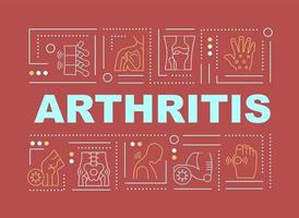 Banner für gemeinsame Arthritis-Wortkonzepte. Gelenkentzündung und -schwellung. Infografiken mit linearen Symbolen auf rotem Hintergrund. isolierte kreative typografie. Vektorumriss-Farbillustration mit Text vektor