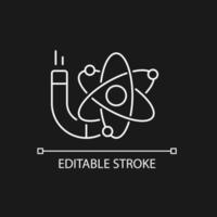 fysik vit linjär ikon för mörkt tema. bild av atom, elektroner, protoner, neutroner. tunn linje anpassningsbar illustration. isolerade vektorkontursymbol för nattläge. redigerbar linje vektor