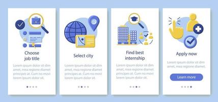 praktikumsprogramm beim onboarding der mobilen app-seitenbildschirm-vektorvorlage. Arbeitssuchsoftware. studentische Praxis. flache Design-Website-Anweisungen. ux, ui, gui smartphone-schnittstellen-cartoon-konzept vektor