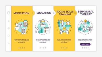erwachsene adhs-management-onboarding-vektorvorlage. Responsive mobile Website mit Symbolen. Webseiten-Komplettlösung 4-Schritt-Bildschirme. Farbkonzept für das Training sozialer Fähigkeiten mit linearen Illustrationen vektor