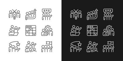 Kollaborationspixel perfekte lineare Symbole für den dunklen, hellen Modus. Partnerschaft für die Zusammenarbeit im Prozess. dünne liniensymbole für nacht, tag thema. isolierte Illustrationen. editierbarer Strich vektor