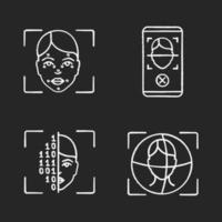 ansiktsigenkänning krita ikoner set. biometrisk identifiering. ansiktsavtrycksanalys, avvisande av app för ansiktsskanning av smartphone, binär kod, 3d id-scanner. isolerade svarta tavlan vektorillustrationer vektor