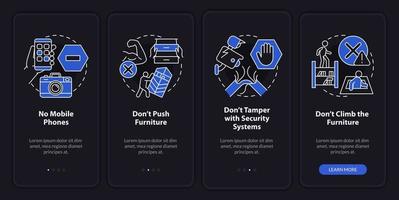 escape room säkerhetsåtgärder nattläge onboarding mobil app skärm. genomgång 4-stegs grafiska instruktionerssidor med linjära koncept. ui, ux, gui mall. otaliga pro-fet, vanliga typsnitt som används vektor