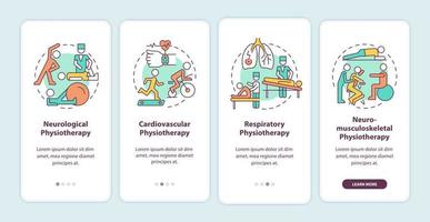 physiotherapie-onboarding-bildschirm der mobilen app-seite. Physiotherapie-Typen Walkthrough 4 Schritte grafische Anweisungen mit Konzepten. ui, ux, gui-vektorvorlage mit linearen farbillustrationen vektor