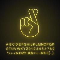 tummarna för emoji neonljusikon. tur, lögn, vidskepelse handgest. hand med lång- och pekfingrar i kors. glödande tecken med alfabet, siffror och symboler. vektor isolerade illustration