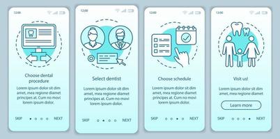 termin in der zahnklinik beim onboarding auf der mobilen app-seite mit linearen konzepten. Planung des Besuchs beim Zahnarzt Walkthrough Schritte grafische Anweisungen. ux, ui, gui-vektorvorlage mit illustrationen vektor