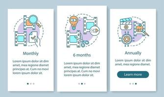 videoredigerare prenumeration onboarding mobil app sidskärm med linjära koncept. månatlig, årlig taxa. tre genomgångssteg grafiska instruktioner. ux, ui, gui vektormall med illustrationer vektor