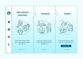 Dehydrationssymptome blaue Gradienten-Onboarding-Vektorvorlage. Responsive mobile Website mit Symbolen. Webseiten-Komplettlösung 3-Schritt-Bildschirme. anzeichen von flüssigkeitsverlust farbkonzept mit linearen illustrationen vektor