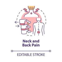 Symbol für das Konzept von Nacken- und Rückenschmerzen. Patient mit Rückenschmerzen durch schlechte Körperhaltung. physiotherapie abstrakte idee dünne linie illustration. Vektor isolierte Umrissfarbe Zeichnung. editierbarer Strich