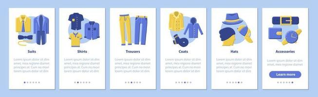 män mode mobil app sida skärm vektor mall. kostymer, skjortor, byxor, kappor, accessoarer. E-handel. platt design webbplats instruktioner. ux, ui, gui smartphone gränssnitt tecknad koncept